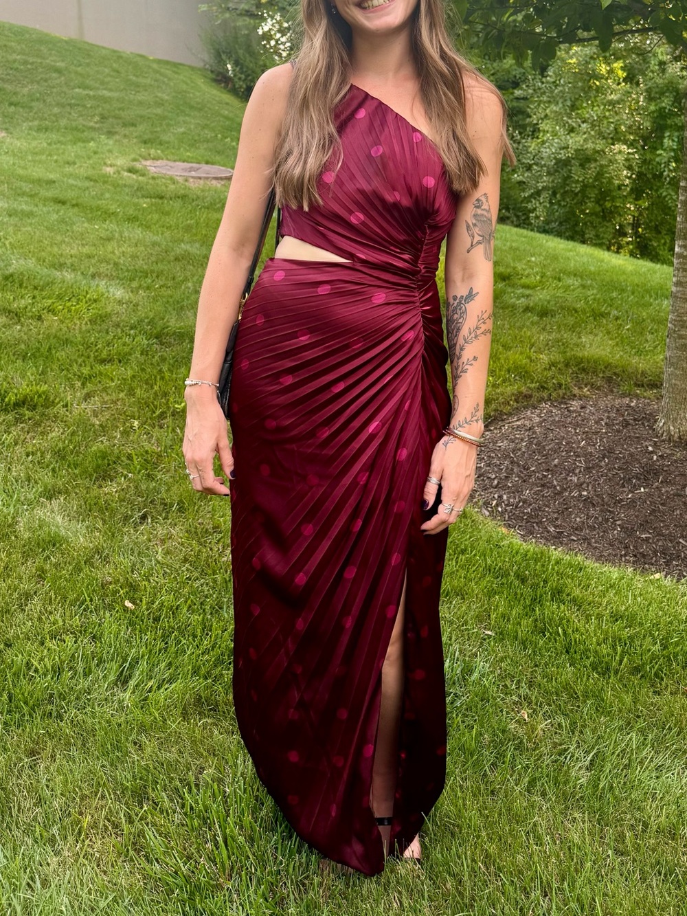 Abercrombie & Fitch One-Shoulder Burgundy Polka Dot Gown